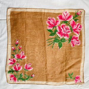 Vintage MCM Handkerchief Floral Bouquet Pink Roses Brown Background Rolled Edge